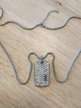 Men’s Silver Titanium Crystal Dog Tag Necklace